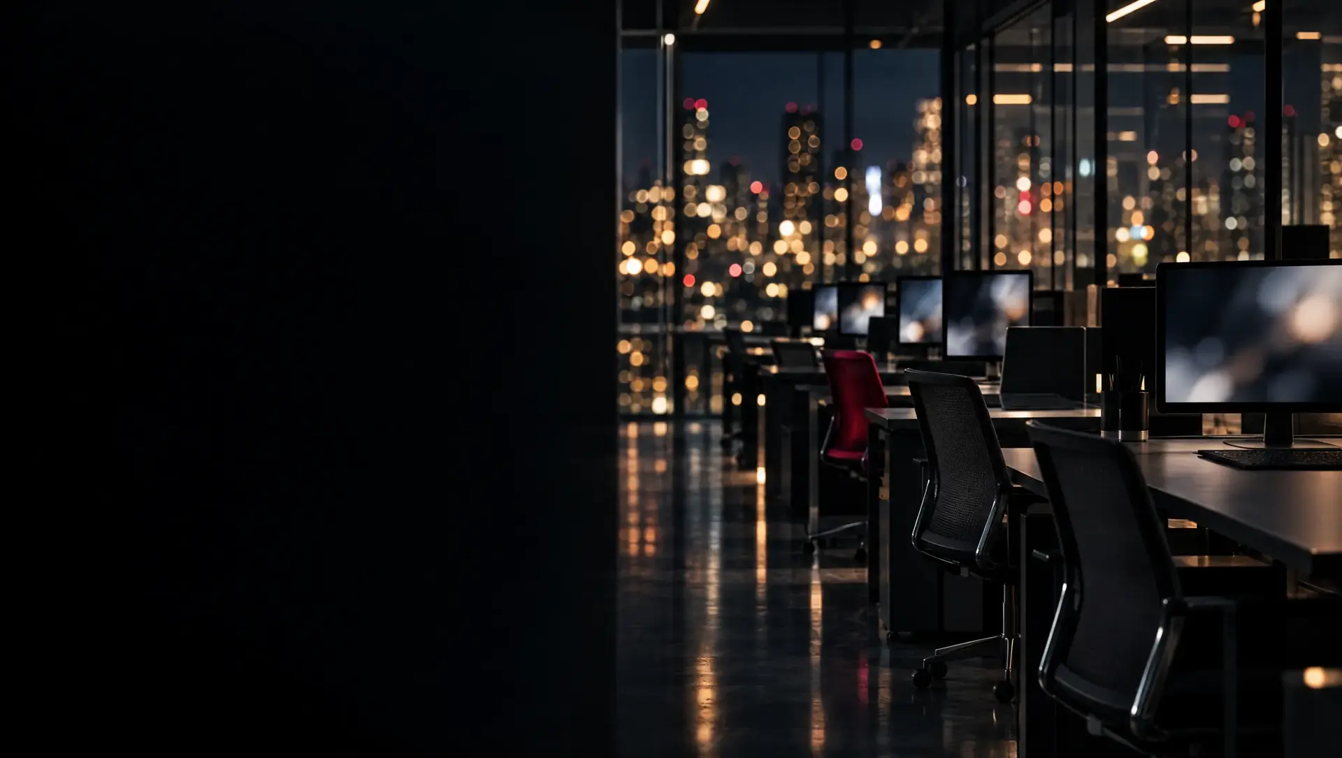 A long row of empty desks and monitors in a glass-walled office at night
