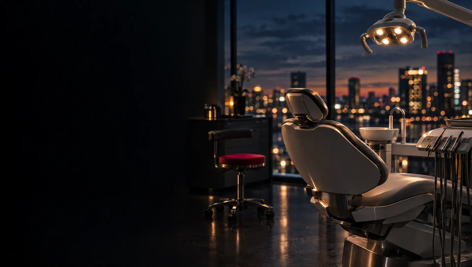 An empty dental operatory at night: the patient chair, the overhead light and the instrument tray, with the city beyond a glass wall