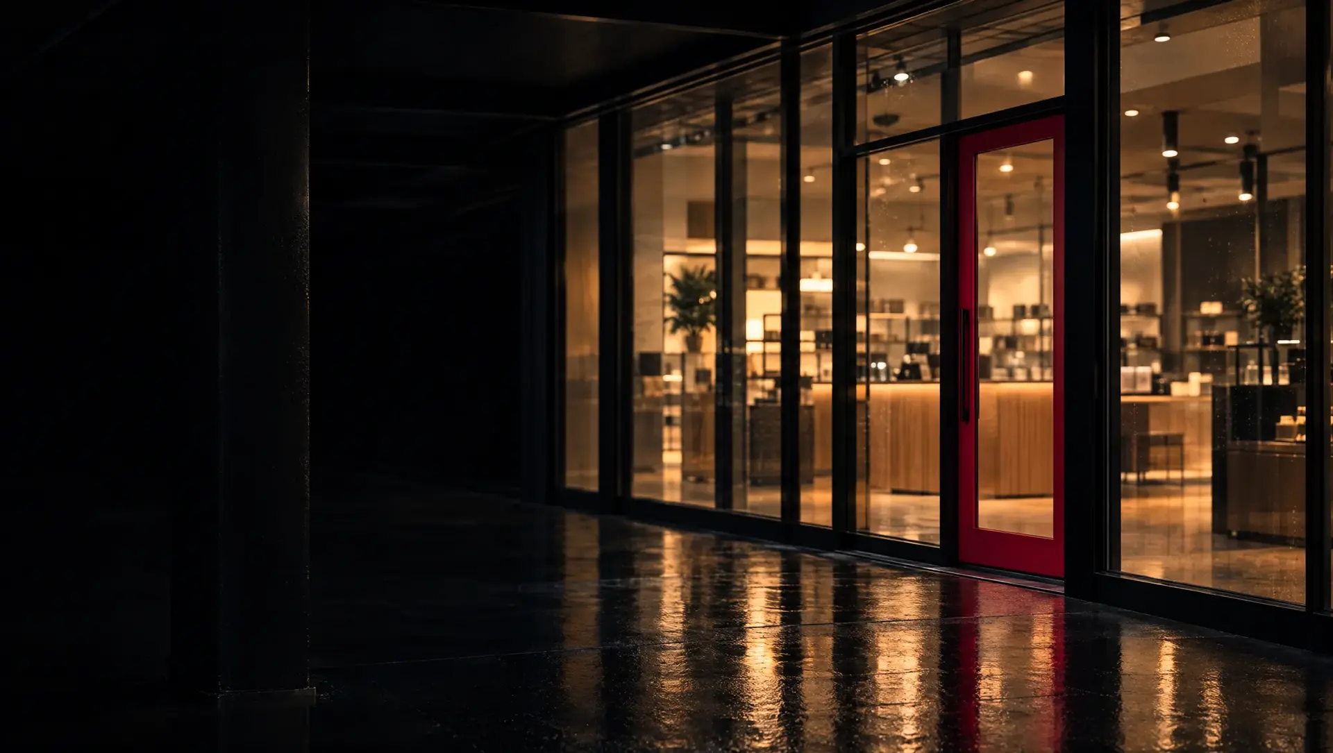 A modern shopfront at night after rain, warm light inside, seen from under a steel canopy