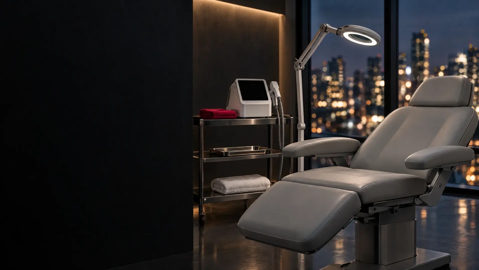 An empty medical-aesthetics treatment room in the evening: a clinical treatment chair, a laser device on a cart and a facial lamp, with city lights through the glass