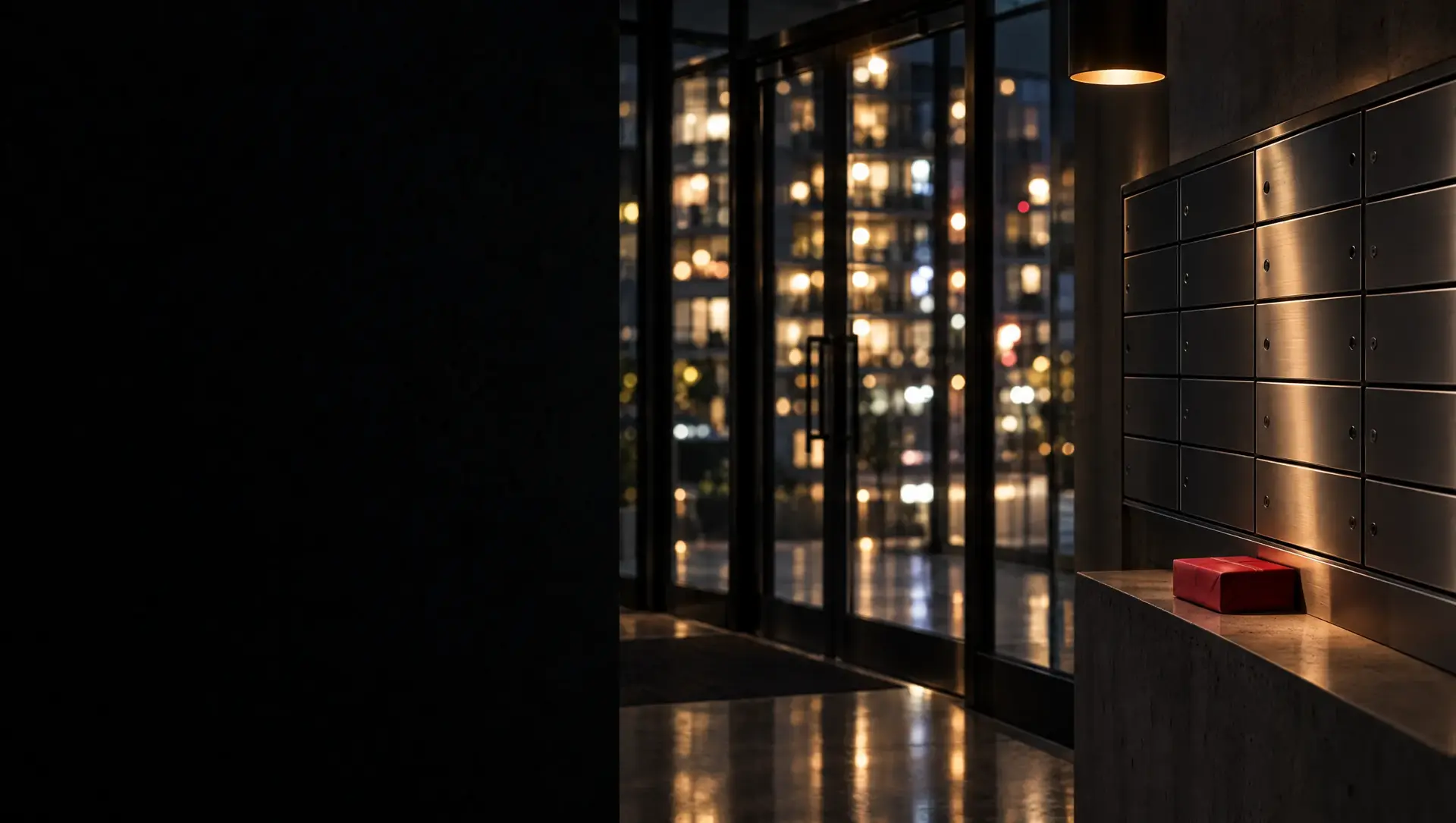 An apartment-building lobby at night: glass doors and a wall of blank steel mailboxes, with the lit balconies of the other wing beyond