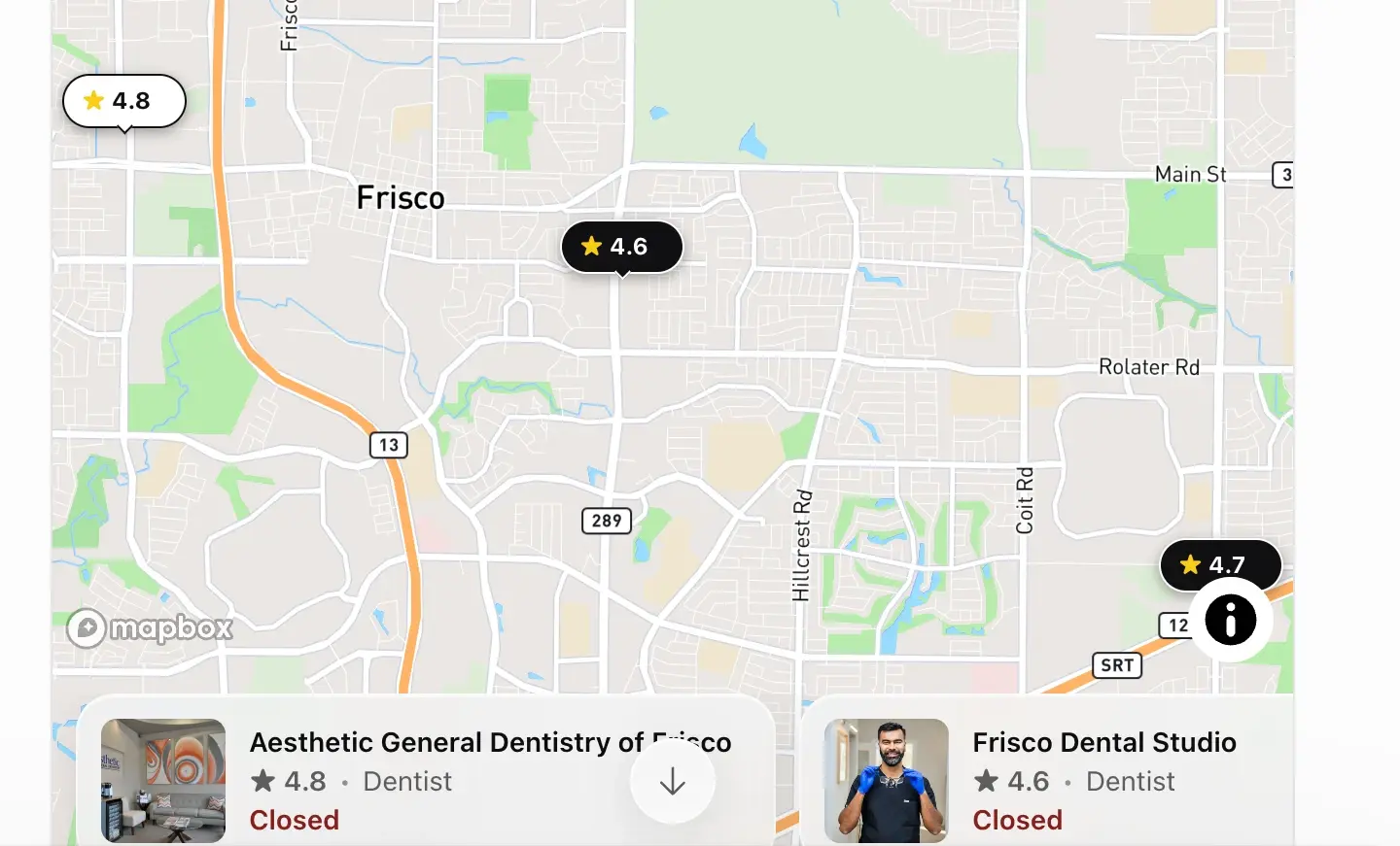 The map in a real ChatGPT answer, asked from Frisco for a dentist nearby: Frisco with the rating pins of the practices it named.