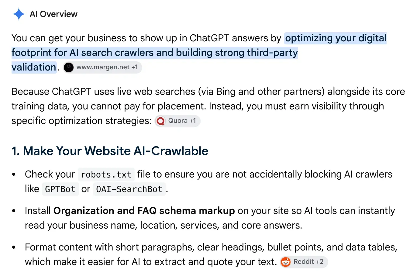 A real Google AI Overview answering how to get a business to show up in ChatGPT answers. The sites it cites are covered.