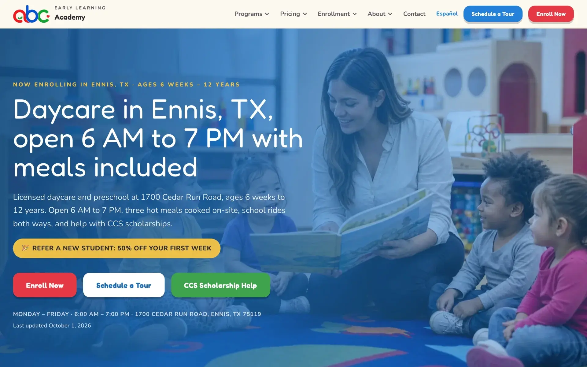 The first screen of abcearlyacademy.com on a desktop.