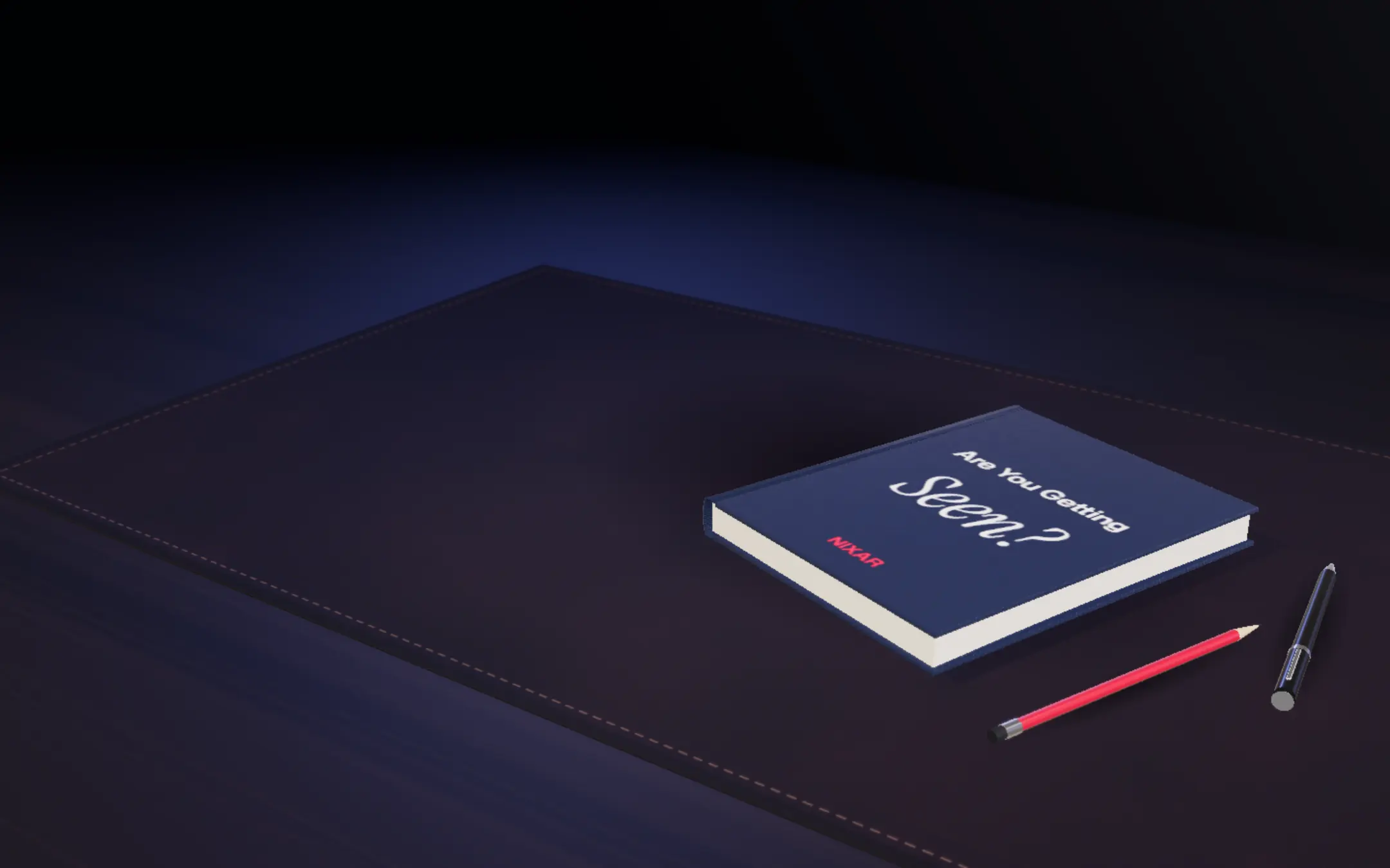 The audit, a navy cloth textbook titled Are You Getting Seen?, shut on a leather desk pad beside a red pencil and a black pen.