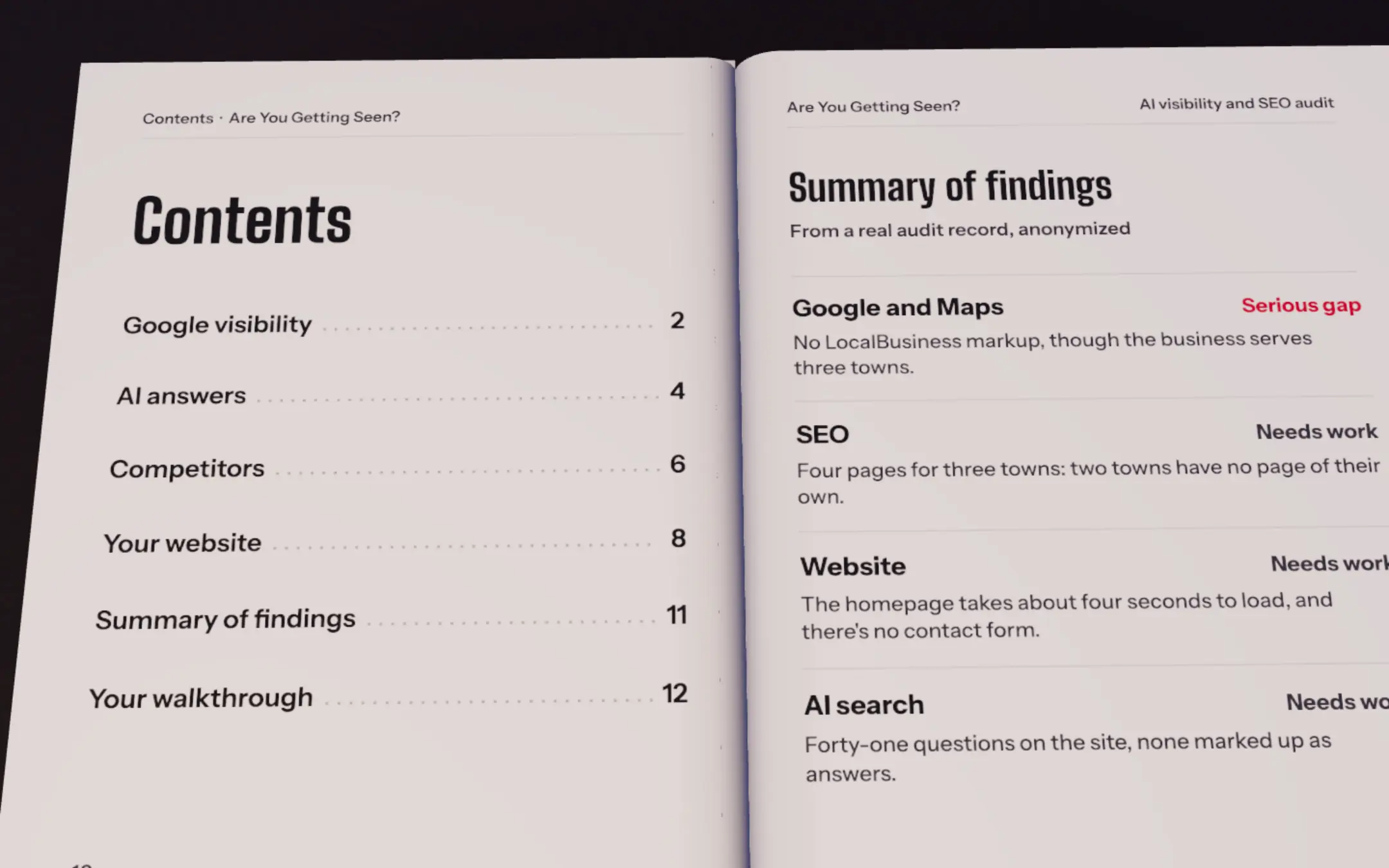 The book open at its contents page and the summary of findings from a real audit record, anonymized.