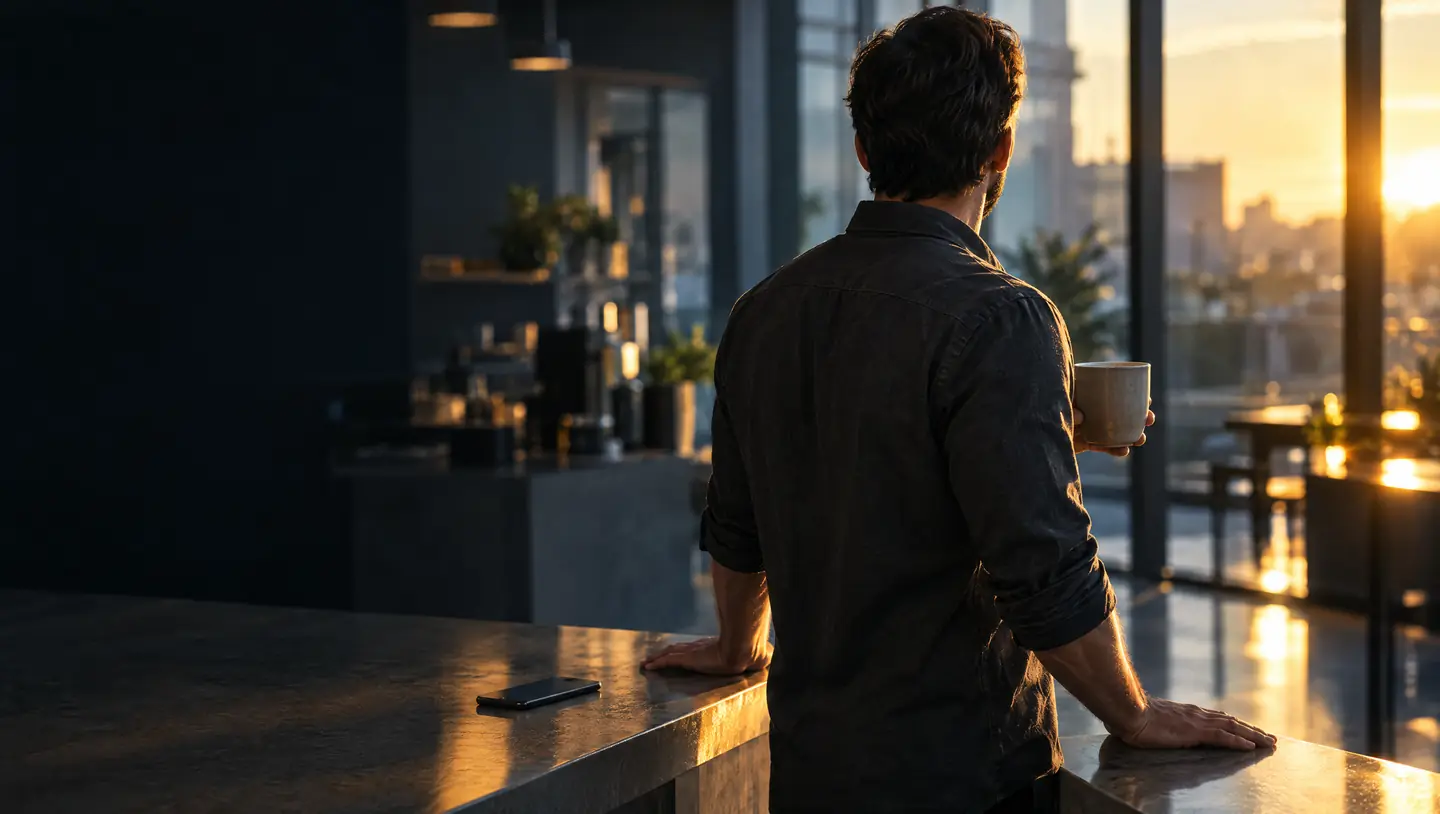 A business owner, seen from behind, stands at a shop counter at golden hour with a mug in one hand, a phone lying face down beside the other.