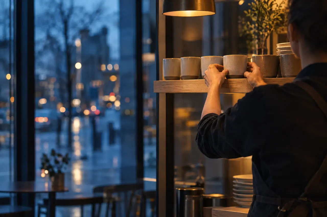 A cafe owner, seen from behind, arranges ceramic cups on an oak shelf inside a glass-fronted shop at dusk.