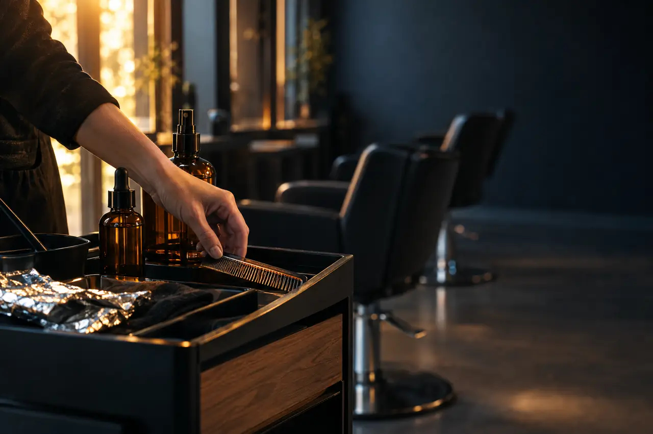 A hand placing a comb on a salon trolley tray next to plain amber bottles in warm evening light.