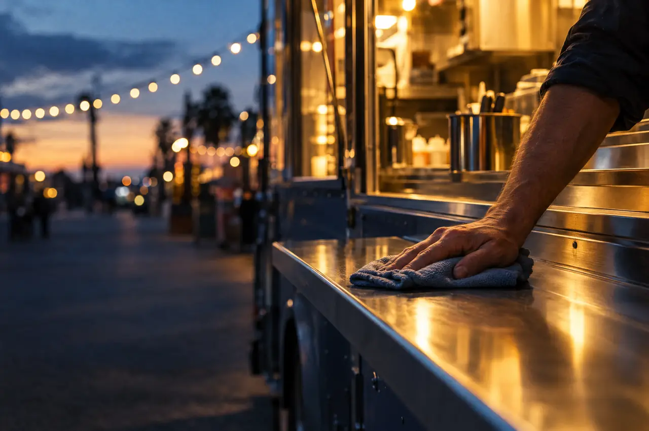 A food-truck owner wipes the stainless serving ledge with a folded cloth at dusk, string lights blurred behind.