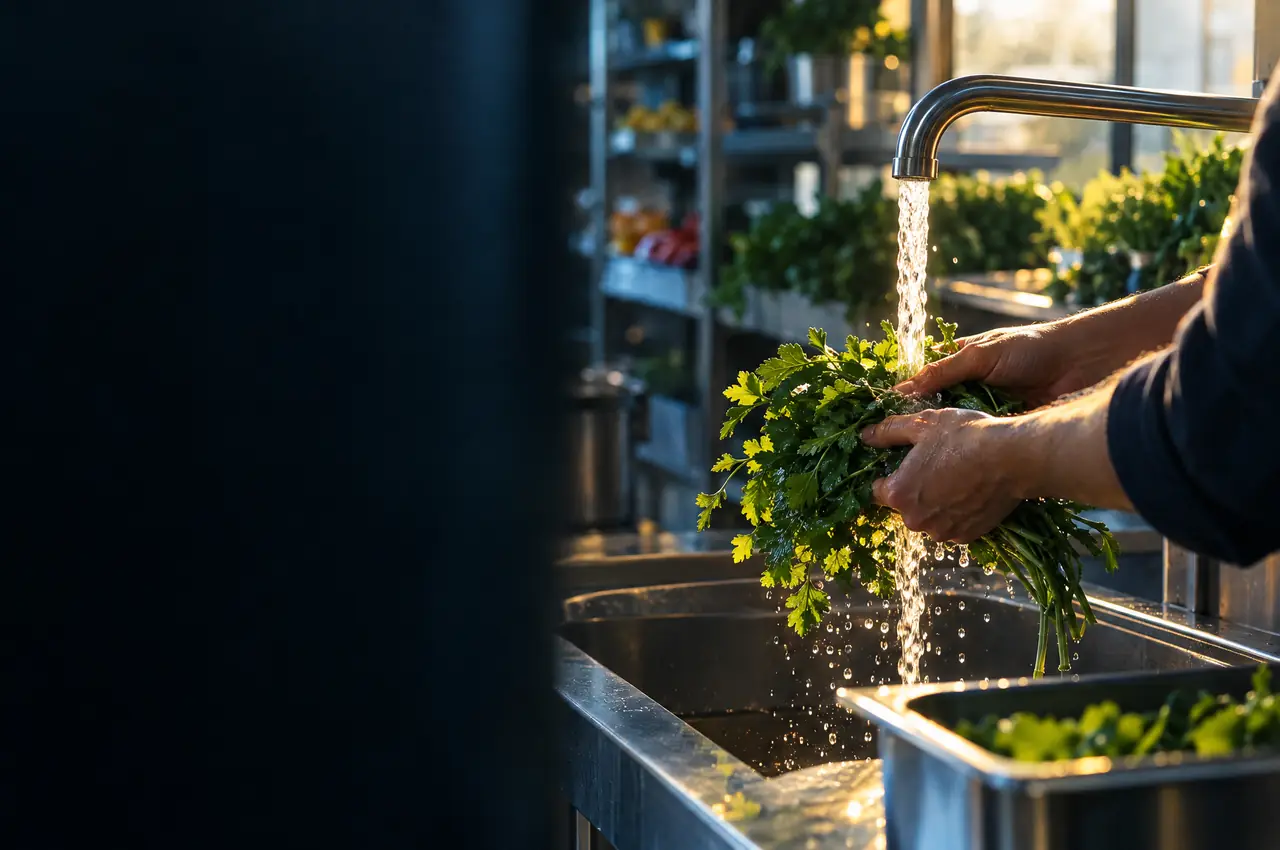 Hands rinsing fresh herbs under a running stainless steel faucet at a market stall prep sink in soft morning light.