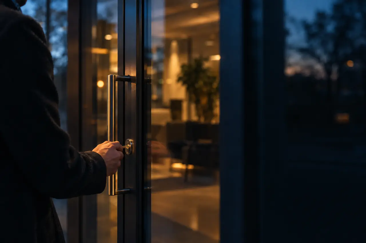 A hand turning a key in the lock of a glass office door at dusk, with the lit lobby softly blurred behind.