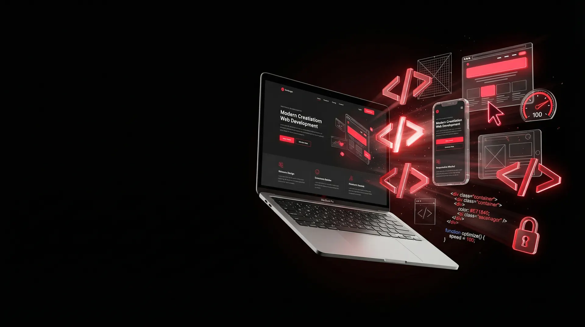 MacBook with floating code elements and web development icons