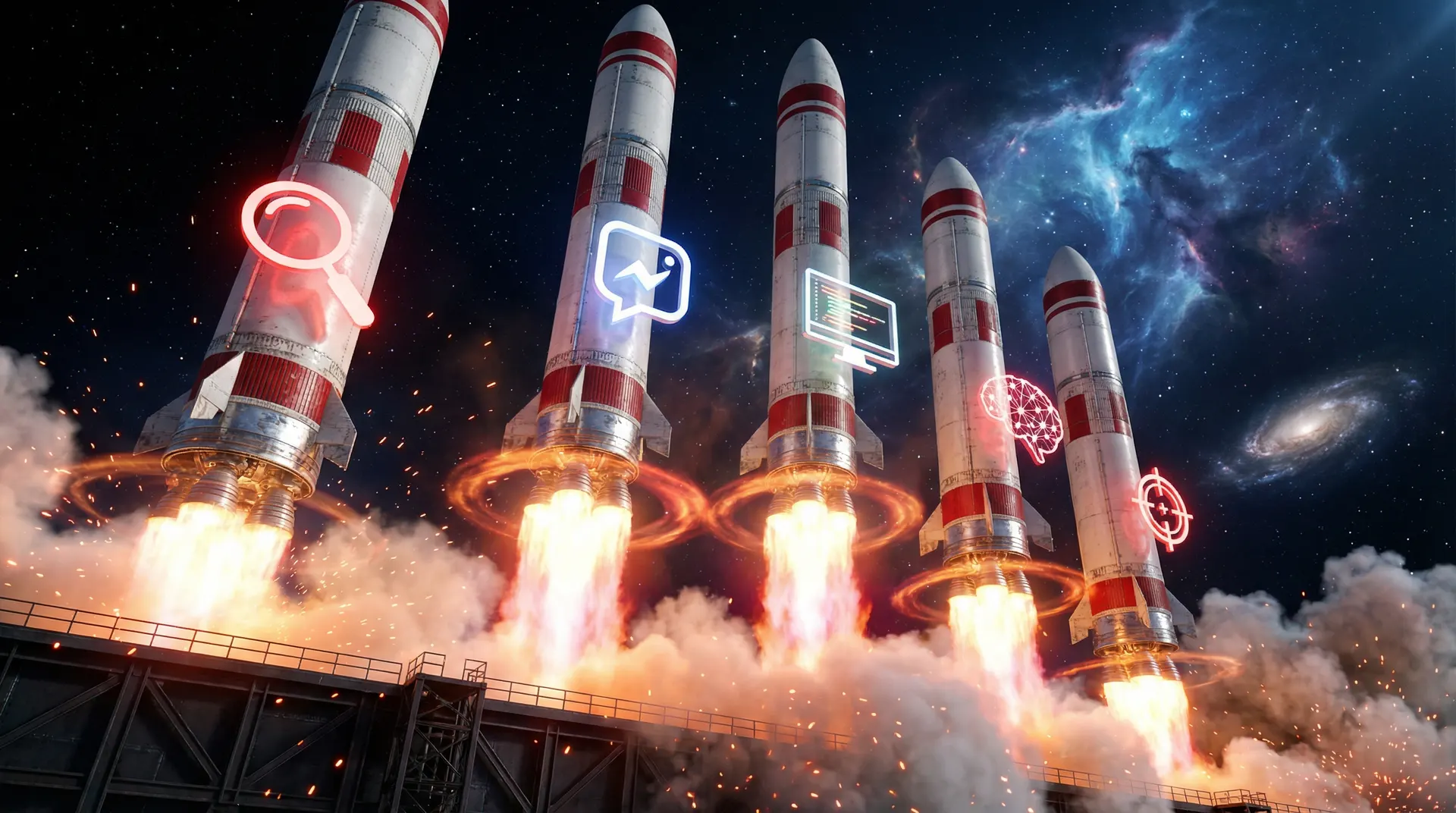 Fleet of rockets launching with digital marketing icons